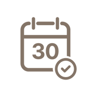 Icon of a calendar with '30' and a check mark on a white background